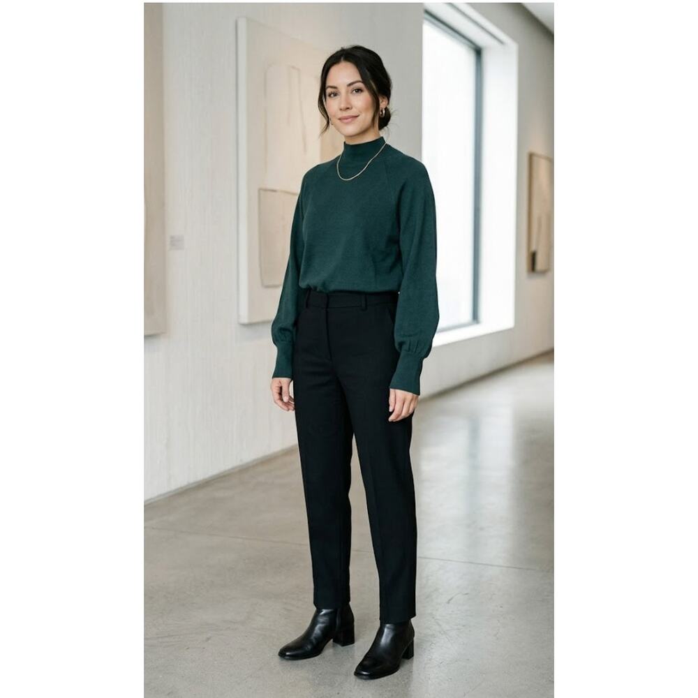 COS Wool Lyocell Blend Mock Neck Sweater Raglan Balloon Sleeve Dark Green Medium